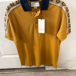 Gucci Mustard Yellow Polo with Navy Collar and GG Shoulder Tape